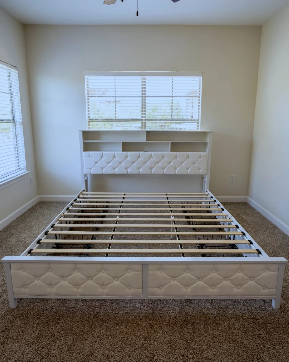 An upholstered bed frame assembled and squared in a bedroom.