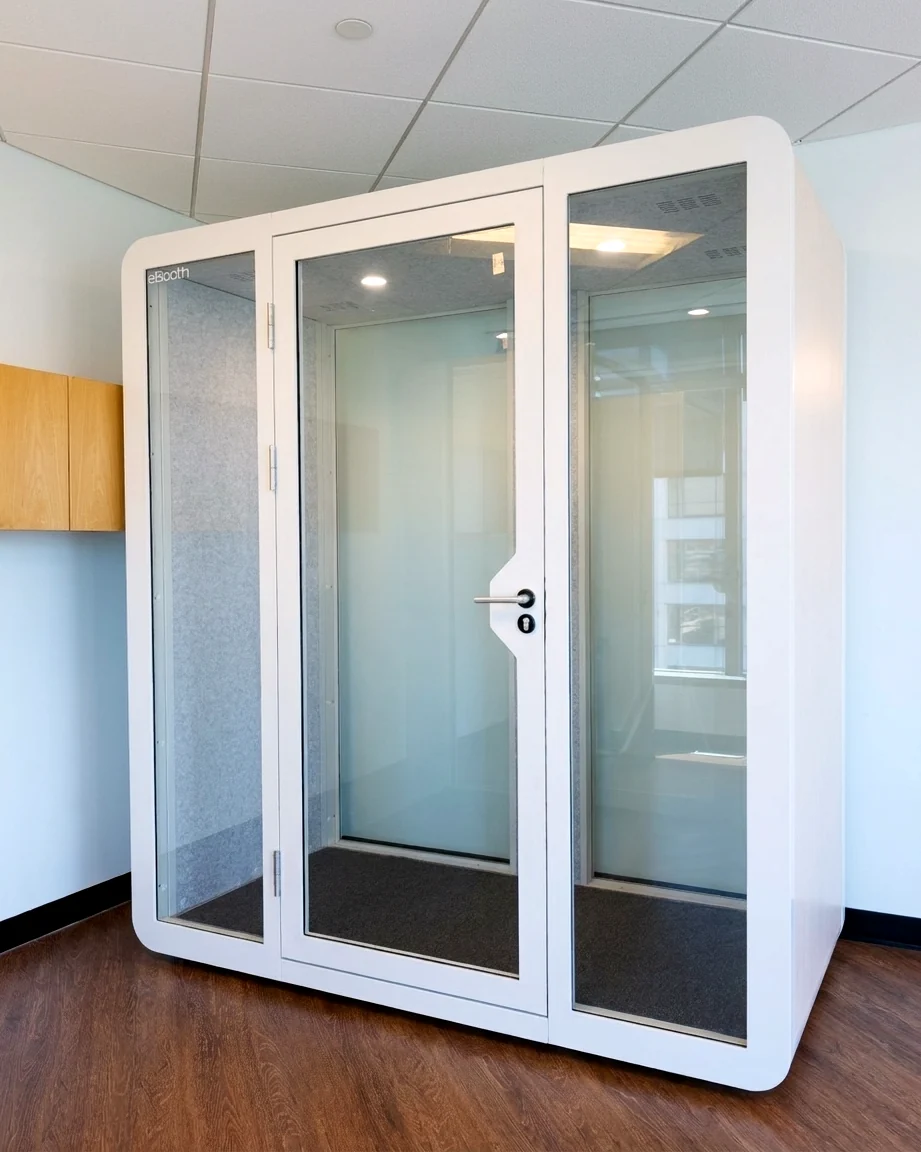 An office meeting pod built out on a commercial floor.