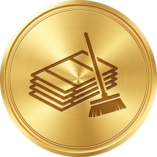 A gold medallion showing flattened cartons stacked beside a broom.