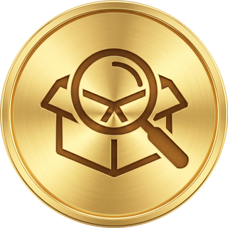 A gold medallion showing a magnifying glass over an open carton.