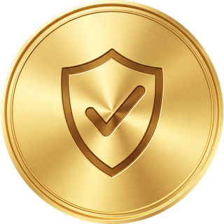 A gold medallion showing a shield with a check mark.
