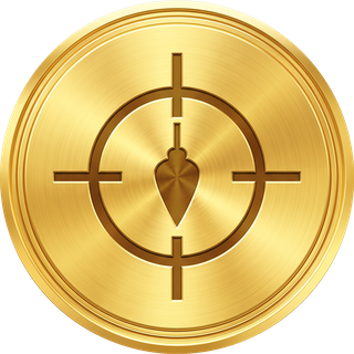 A gold medallion showing a crosshair with a plumb bob.