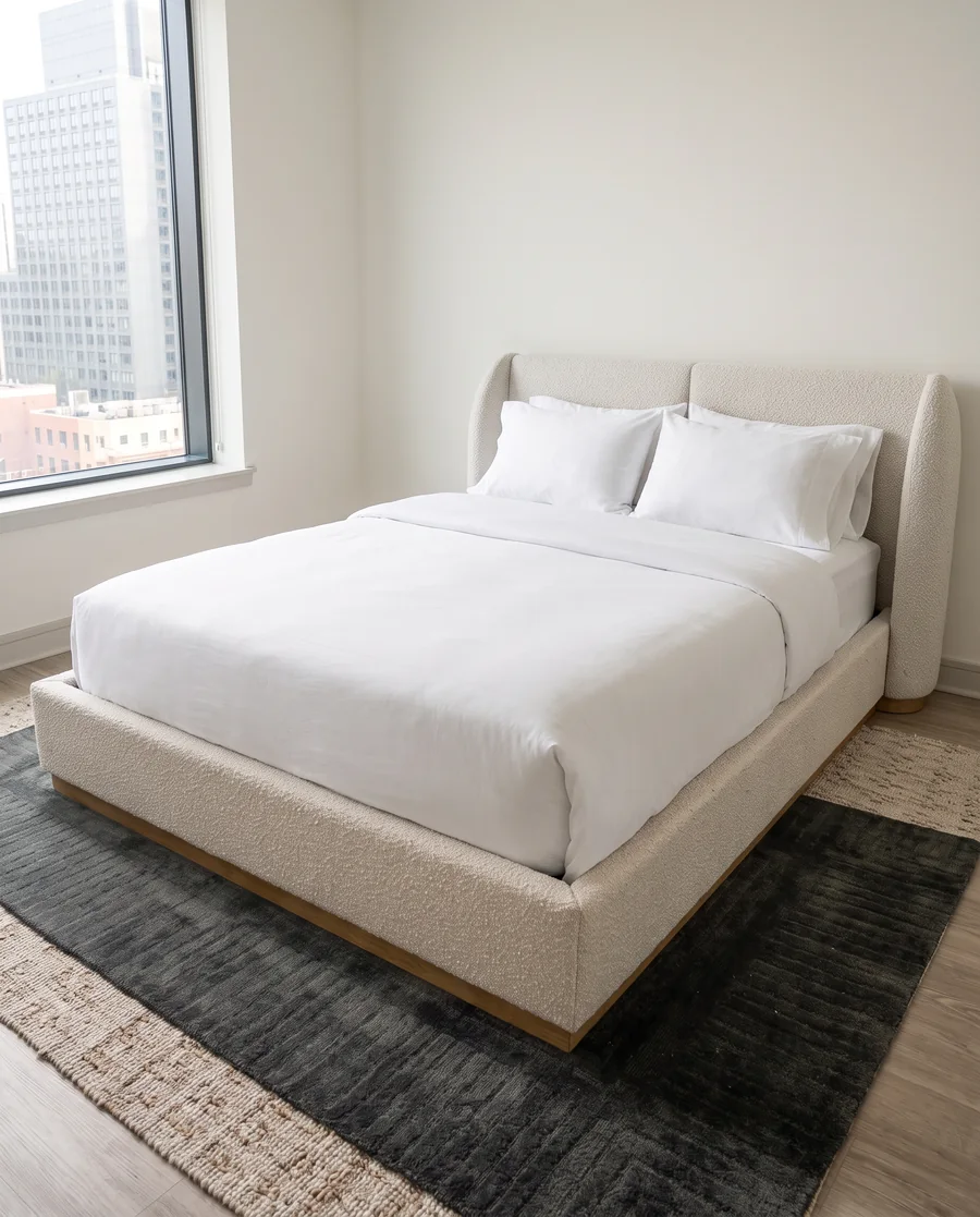 A boucle-upholstered bed frame with a tall headboard, assembled beside a dark apartment window at night.