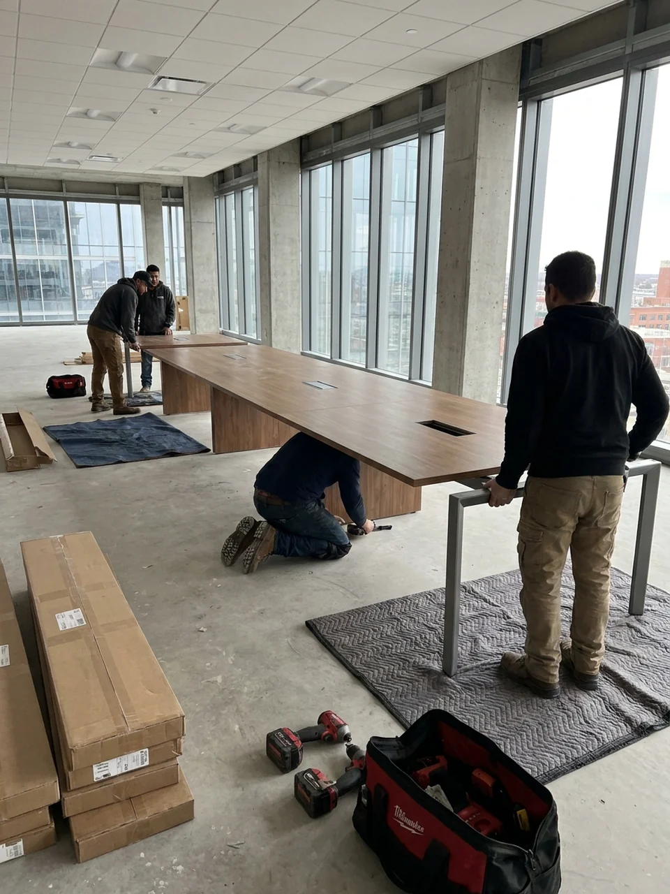 A conference table install in progress.