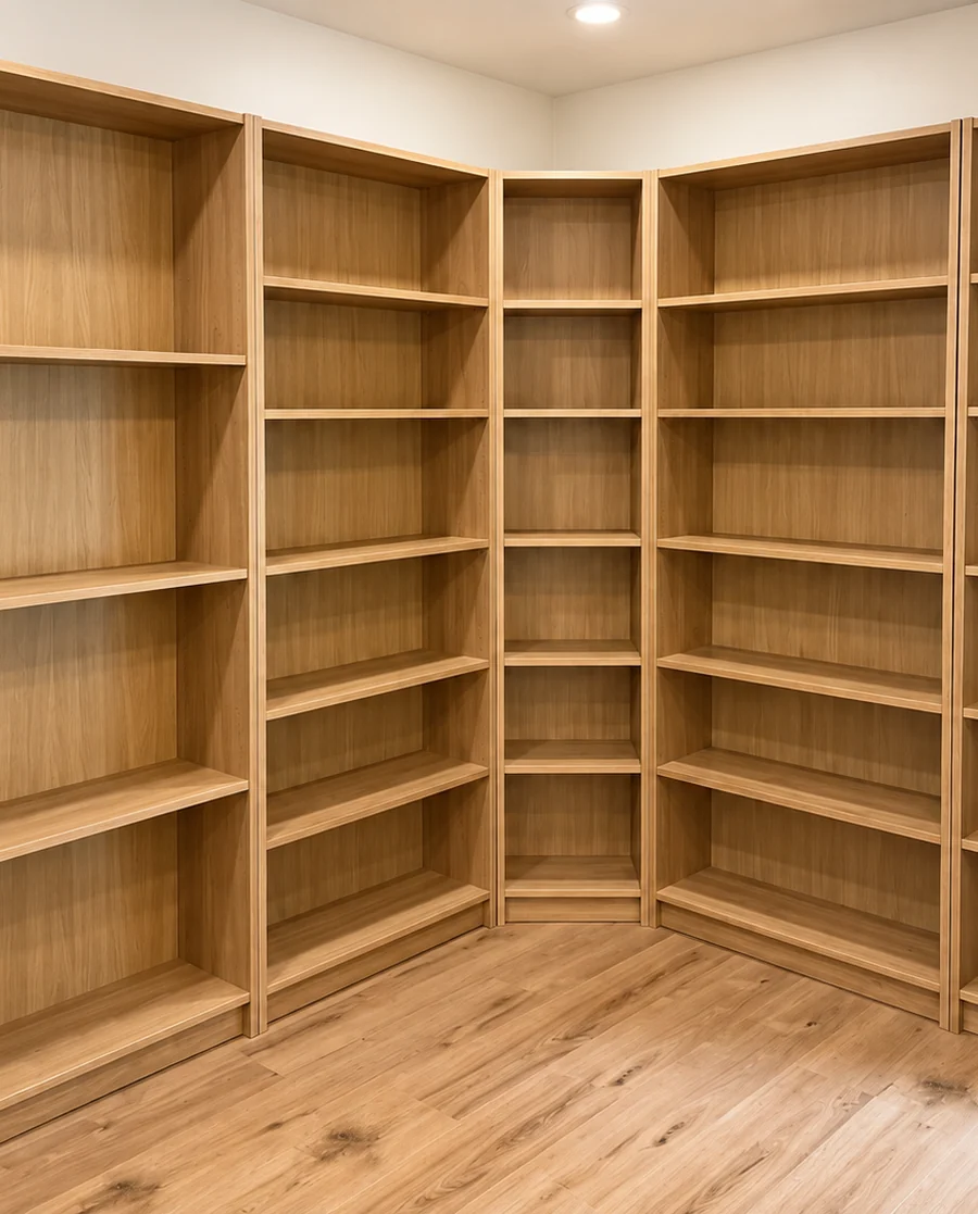Two runs of timber bookcases meeting in a corner, built floor to ceiling.