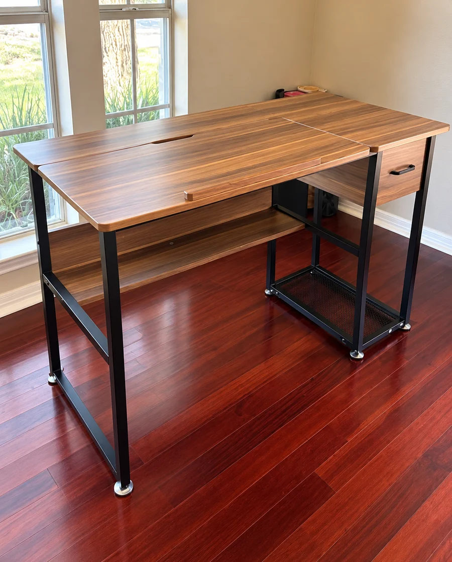 A walnut-topped desk on a black frame with a drawer unit, assembled in a home office on hardwood.