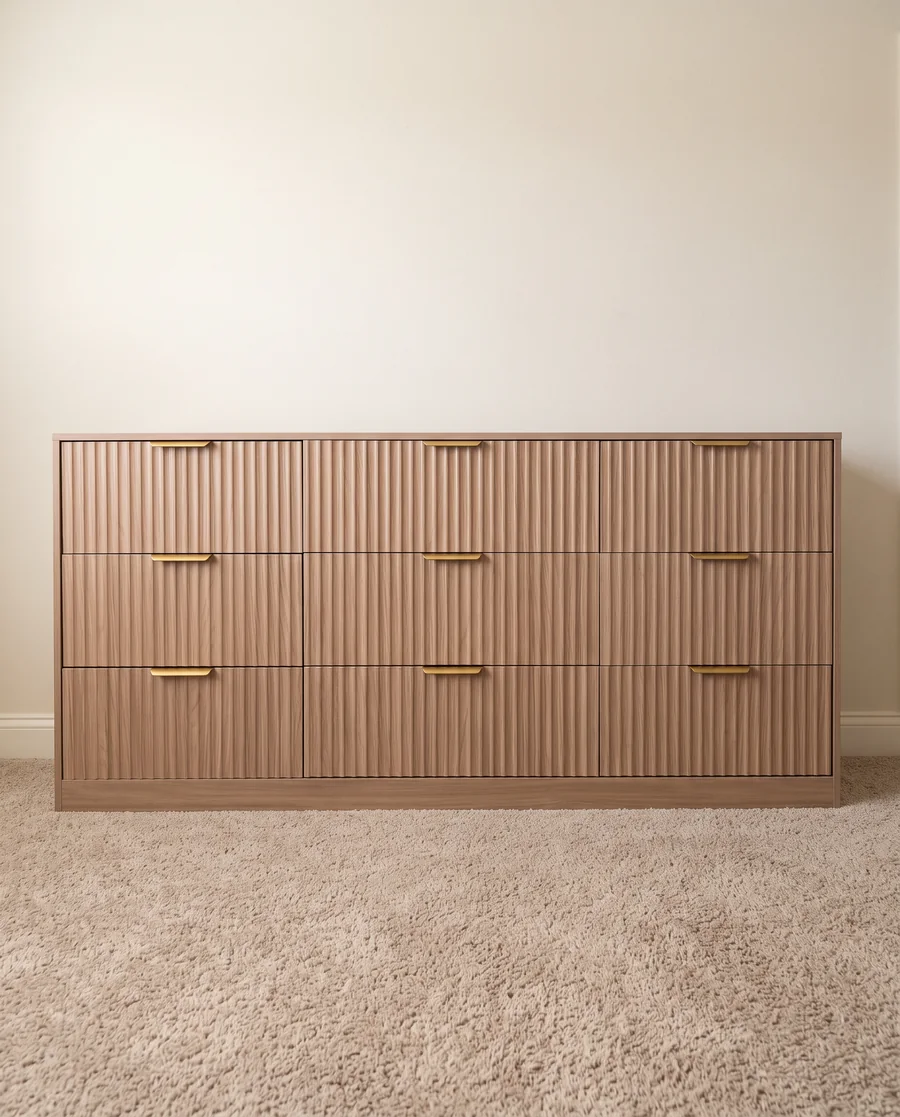A nine-drawer dresser with brass pulls, built and set against a bedroom wall.