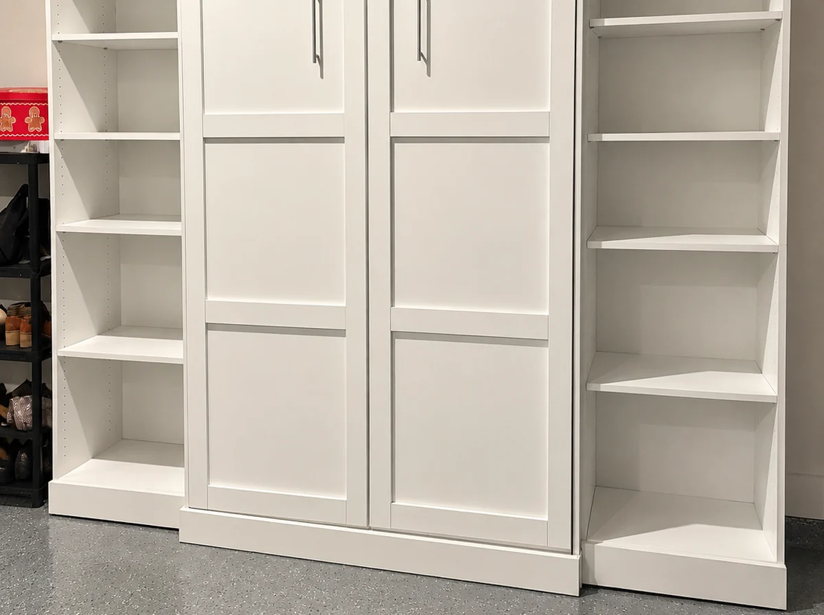 A run of white storage cabinets and open shelving installed along a garage wall.