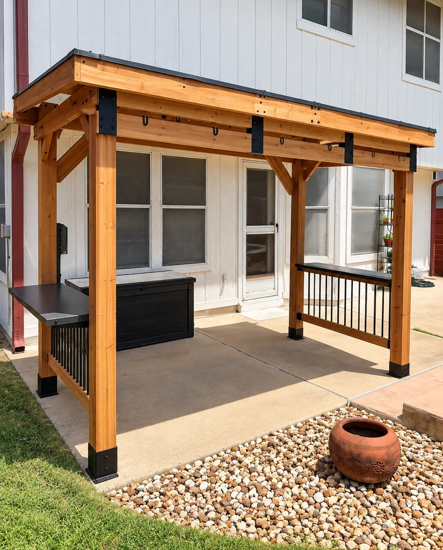 A wooden pergola built over a patio beside a house.