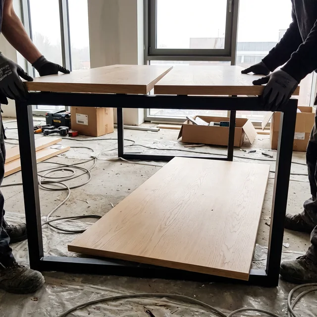Two installers lifting a worksurface onto its frame.