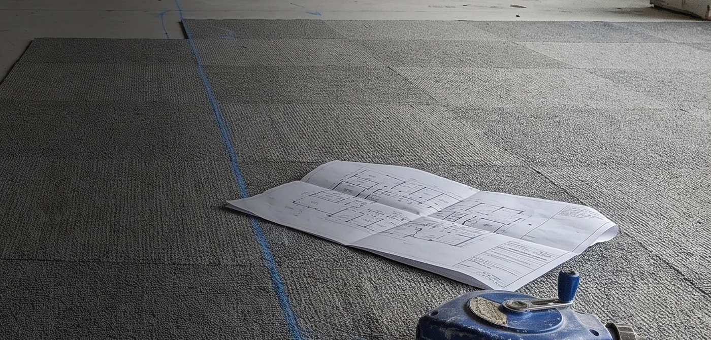 Set-out lines and a floor plan on an empty office floor.